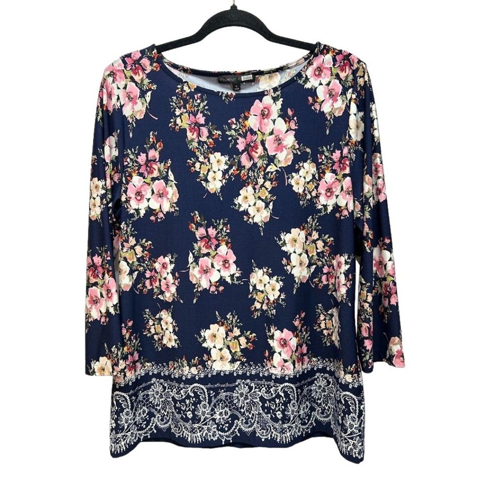 Preston & York Womens Size L Navy Floral Tunic Top
